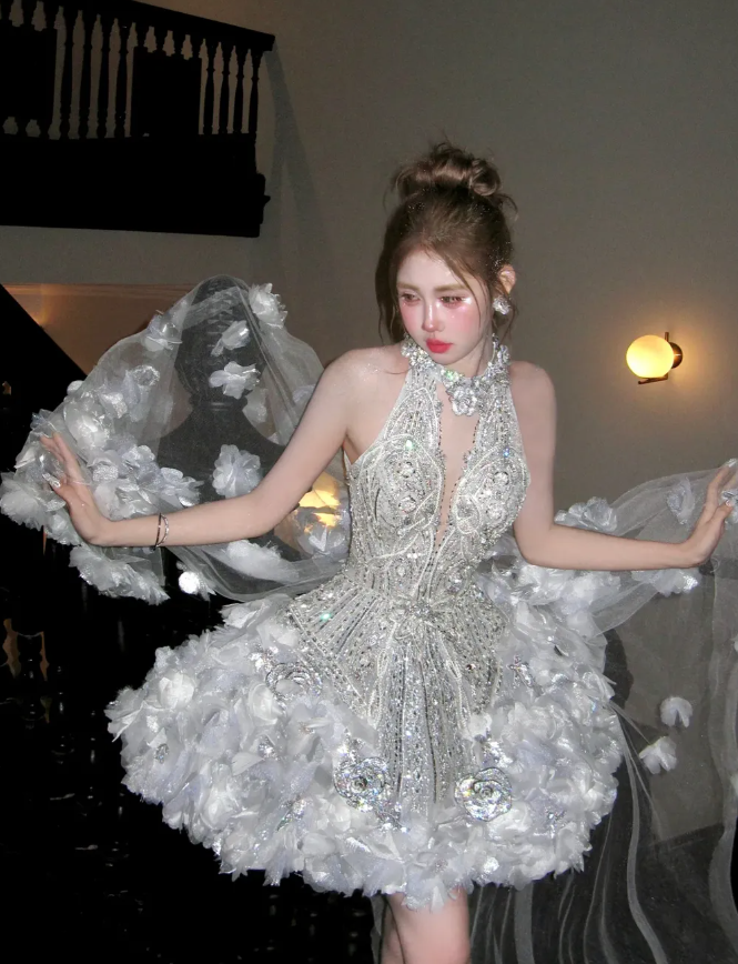 Shiny Exquisite Silver Floral Sequin A Line Halter Tulle Short Homecoming Dress Birthday Dress DP3083