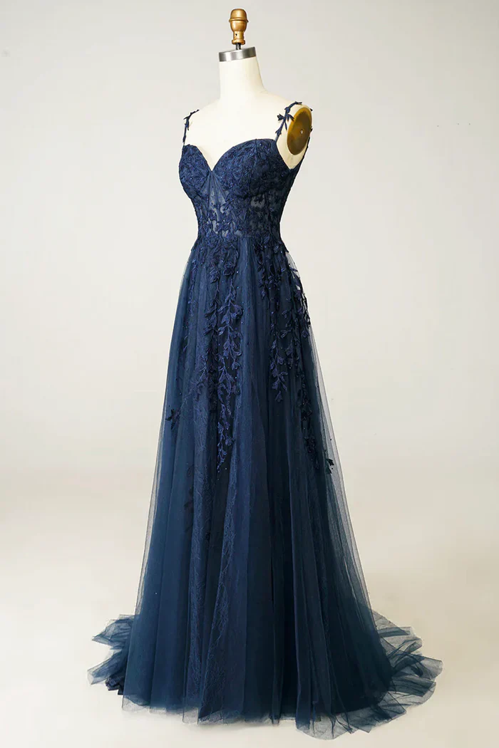 Beautiful A Line Spaghetti Straps Navy Blue Appliques Prom Dress Evening Dress DP094
