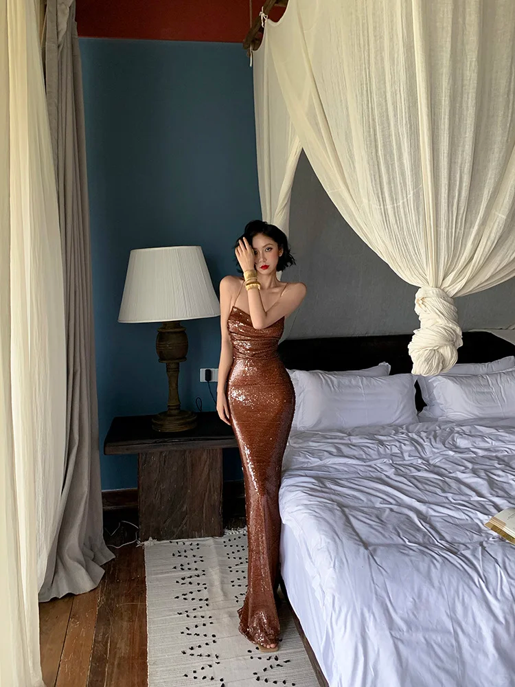 Shiny Brown Mermaid Halter Sequin Open Back Prom Dress Evening Dress DP3864