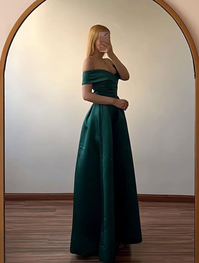 Princess Emerald A Line Off the Shoulder Satin Long Slit Prom Dress Evening Dress DP6513
