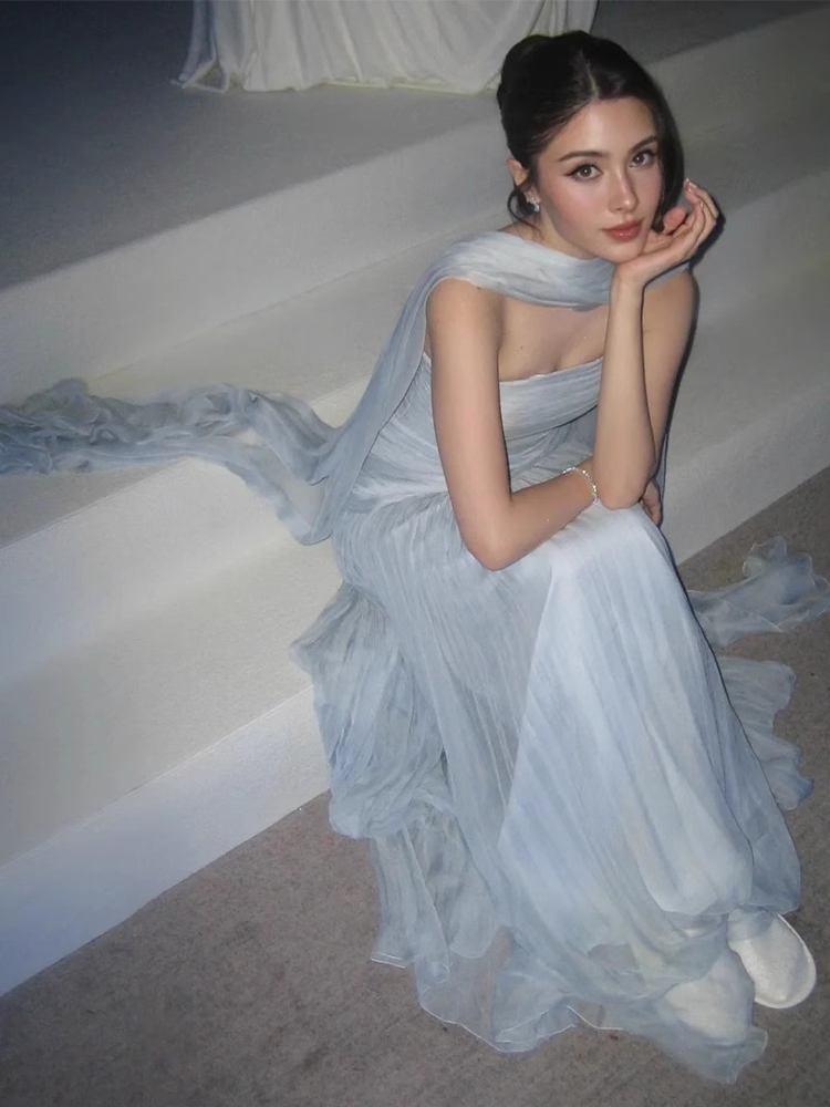 Flowy A Line Strapless Blue Chiffon Long Prom Dress Party Dress DP2750