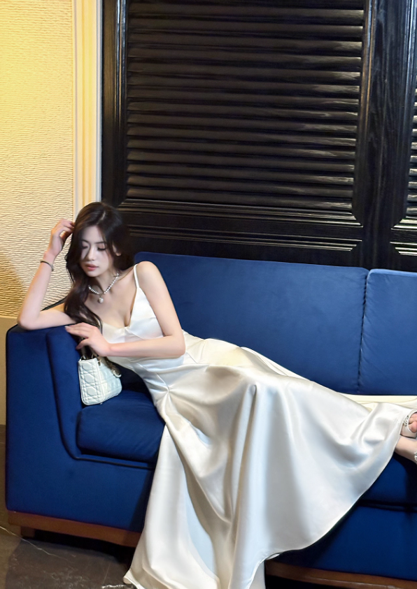 Simple White Spaghetti Strap Satin Prom Dress Evening Dress Party Dress DP3589