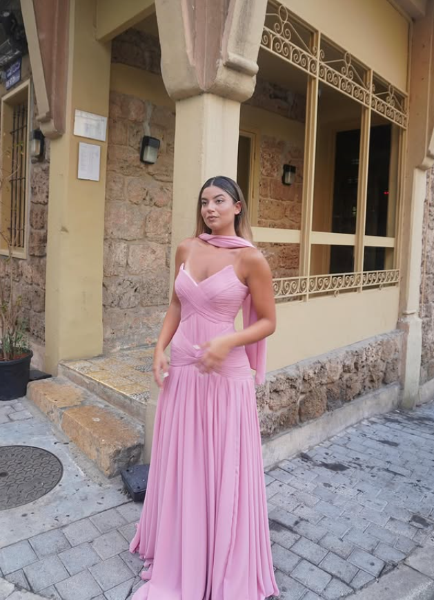Pink A Line Strapless Pleated Chiffon Long Prom Dress Party Dress Wedding Guest Dress DP4112