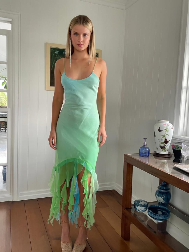 Cute Sheath Spaghetti Strap Ombre Green Blue Ruffle Chiffon Prom Dress Graduation Prom Dress DP2153