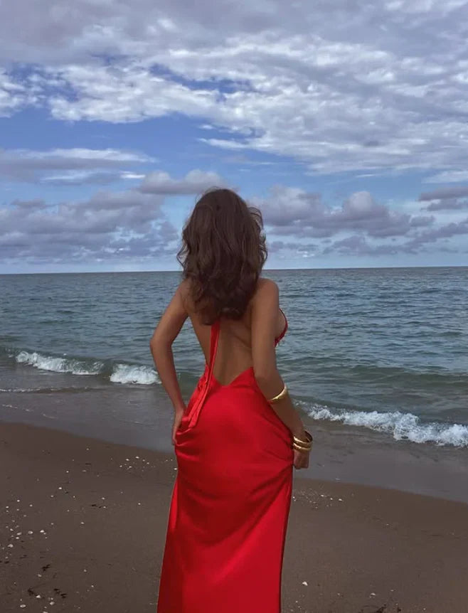 Red A Line Halter Satin Open Back Long Prom Dress DP5986