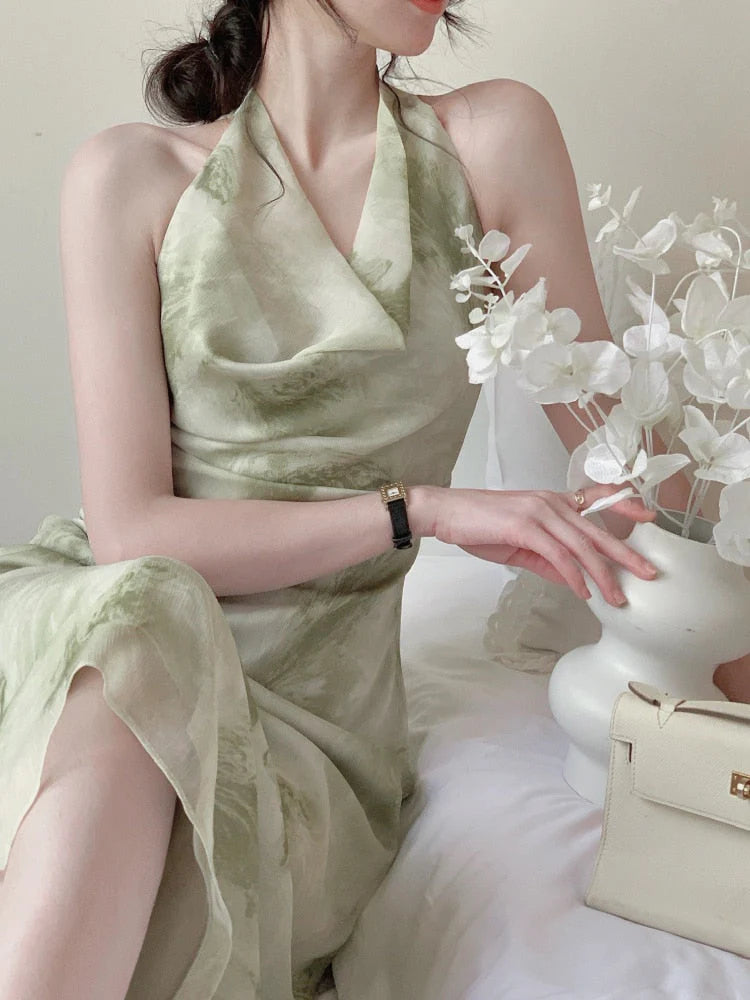 Elegant A Line Halter Chiffon Long Evening Dress Outfits DP1483