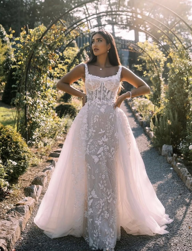 Elegant A Line Straps Embroidery White Tulle Ball Gown Wedding Dress DP1588