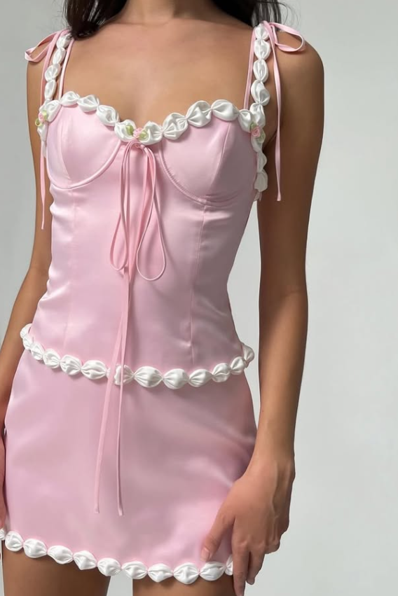 Pink Two Piece A Line Spaghetti Strap Satin Mini Homecoming Dress Birthday Dress DP3124