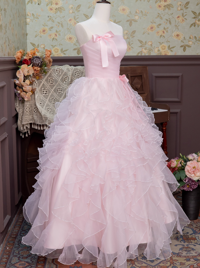 Pink Ball Gown Strapless Ruffle Layered Organza Prom Dress 16th Birthday Dress DP3563