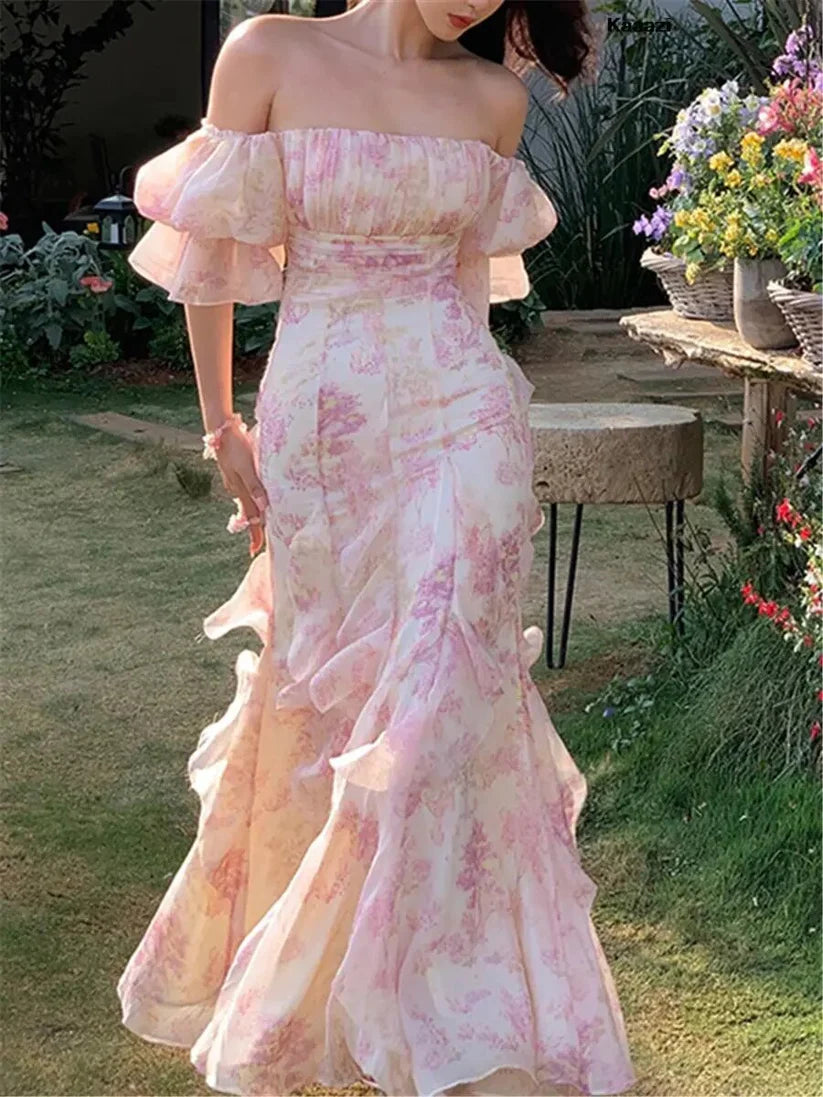 Pretty Mermaid Off the Shoulder Print Floral Chiffon Evening Dress Prom Dress DP1447