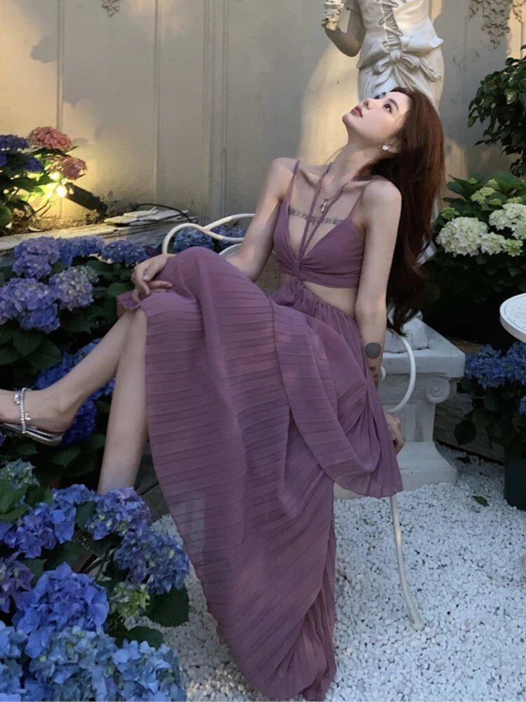 Sexy A Line Spaghetti Straps Chiffon Open Back Evening Dress Outfits DP1458