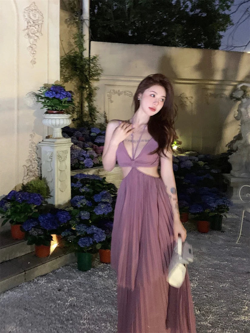 Sexy A Line Spaghetti Straps Chiffon Open Back Evening Dress Outfits DP1458