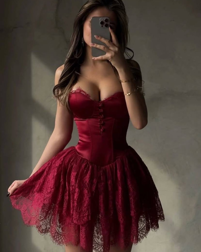 Cute White A Line Spaghetti Strap Lace Satin Mini Homecoming Dress Cocktail Dress DP2978