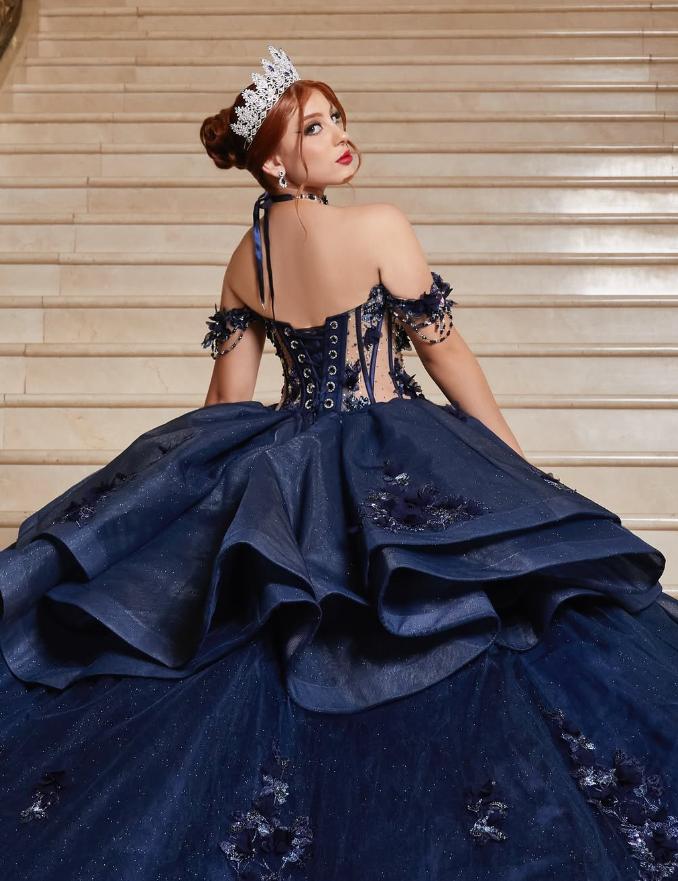 Gorgeous Navy Blue Off the Shoulder Corset Sequin Tulle Ball Gown Sweet 16 Dress Quinceanera Dress DP1883