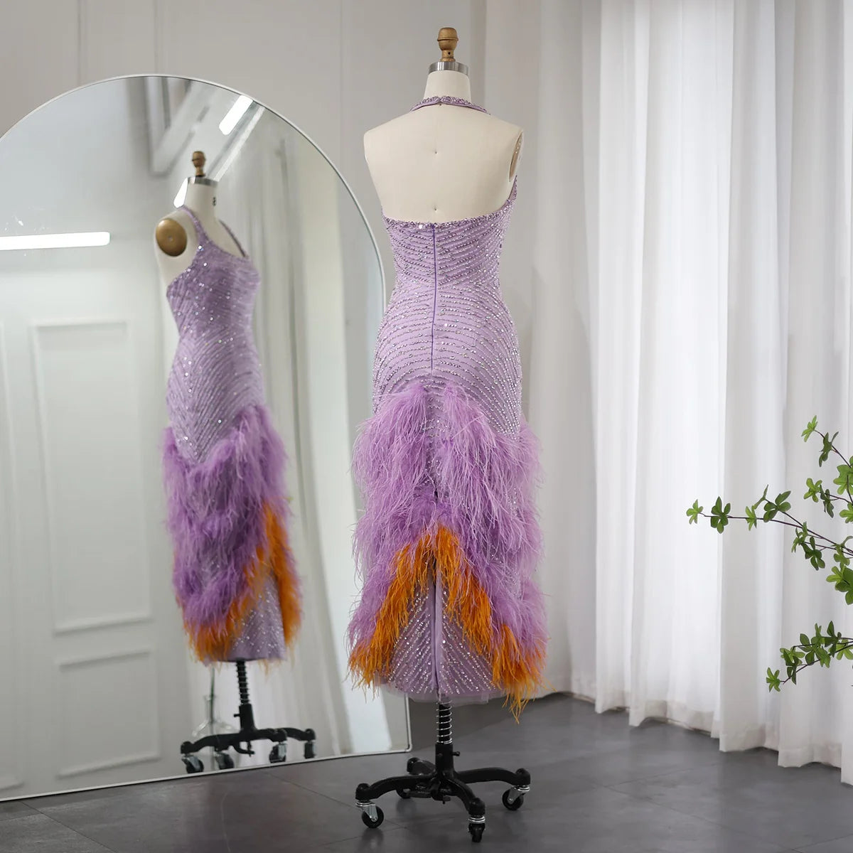 Luxury Feathers Lilac Halter Beading Satin Evening Dress Prom Dress DP959