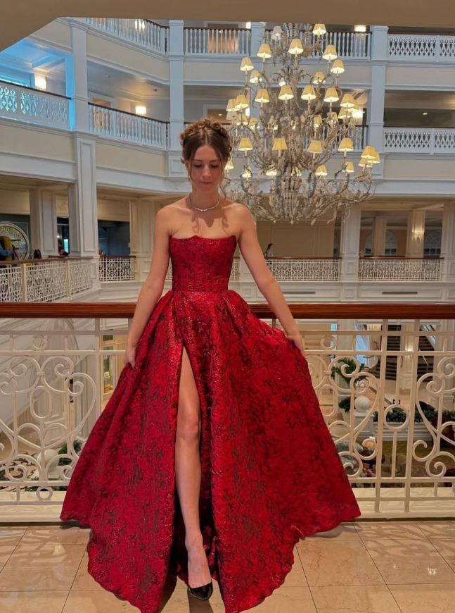Elegant A Line Strapless Print Floral Burgundy Satin Prom Dress Evening Dress DP1584
