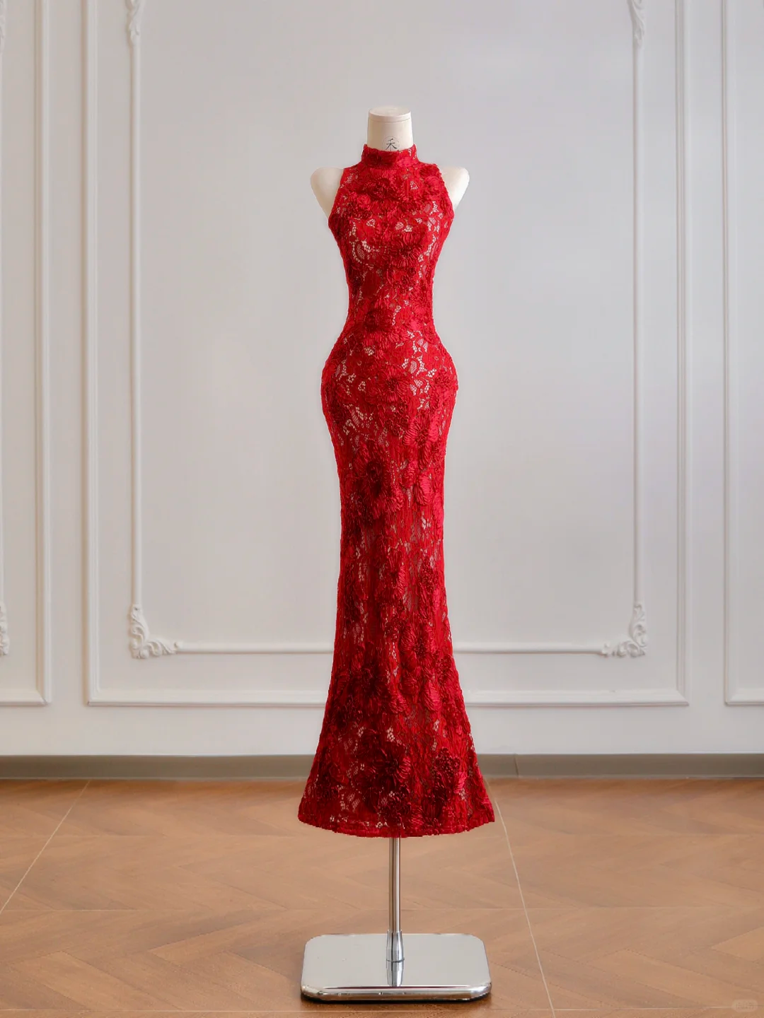 Red Mermaid High Neck Lace Long Prom Dresses DP4186