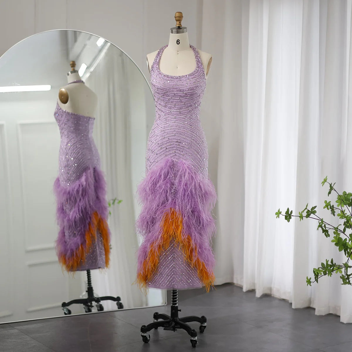 Luxury Feathers Lilac Halter Beading Satin Evening Dress Prom Dress DP959