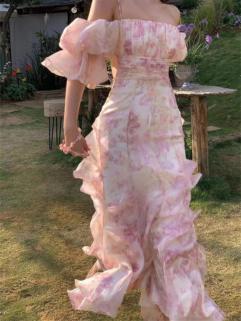 Pretty Mermaid Off the Shoulder Print Floral Chiffon Evening Dress Prom Dress DP1447