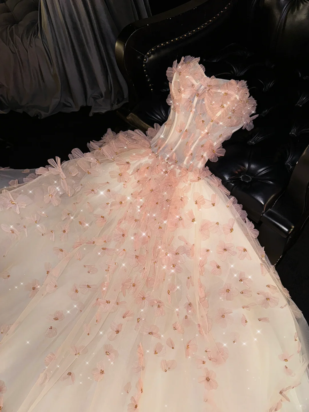 Romantic A Line Sweetheart Neck Floral Beaded Pink Tulle Prom Dress Evening Dress DP2460