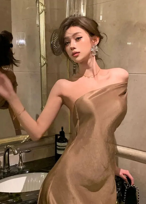 Simple A Line One Shoulder Brown Satin Long Prom Dress Evening Dress DP4262