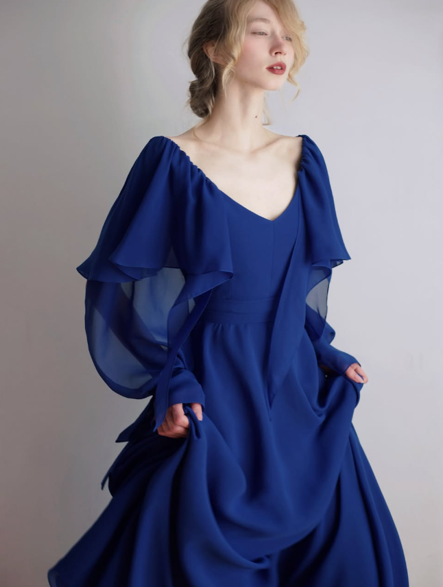 Flowy Royal Blue A Line Long Sleeve Chiffon Prom Dress Evening Dress Formal Dress DP3152