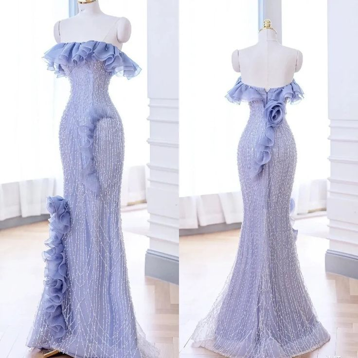 Elegant Lavender Flower Ruffles Beaded Lace Prom Dress Mermaid Evening Dress DP162