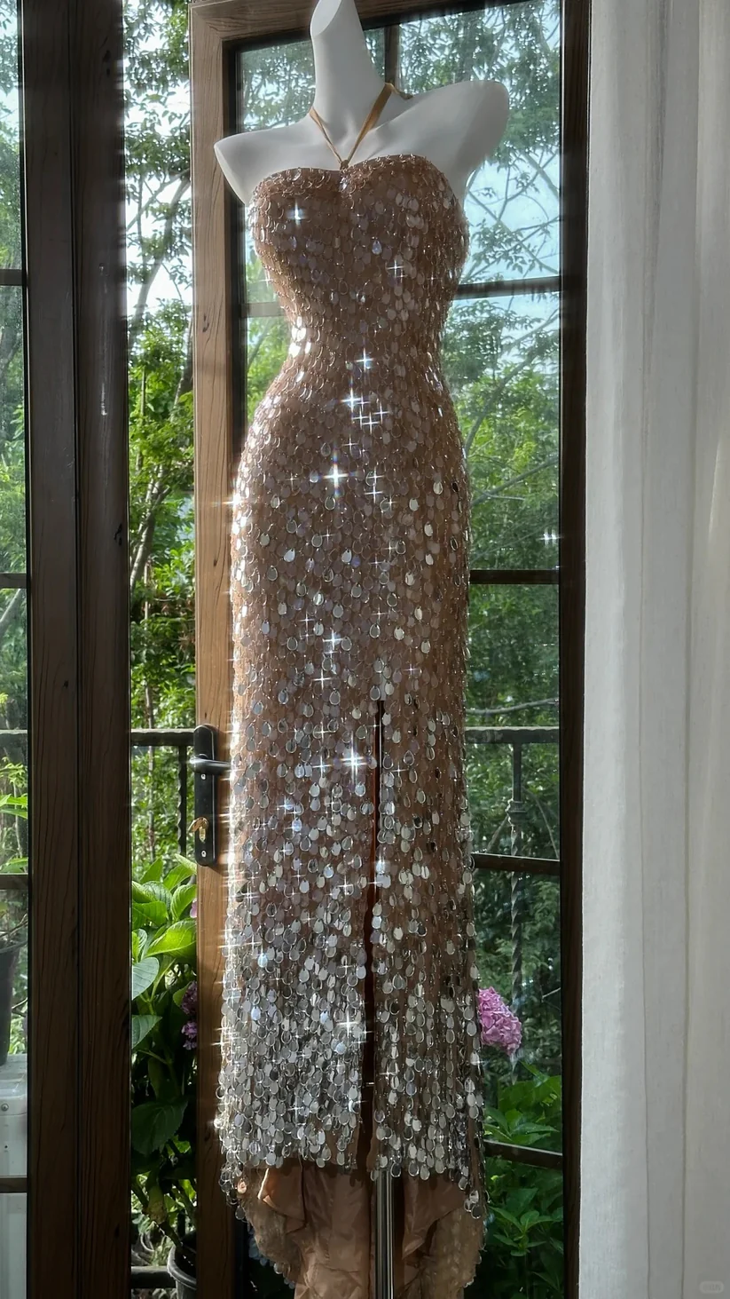Champagne Shiny Sequin Mermaid Halter Prom Dress Date Dress with Slit DP2908