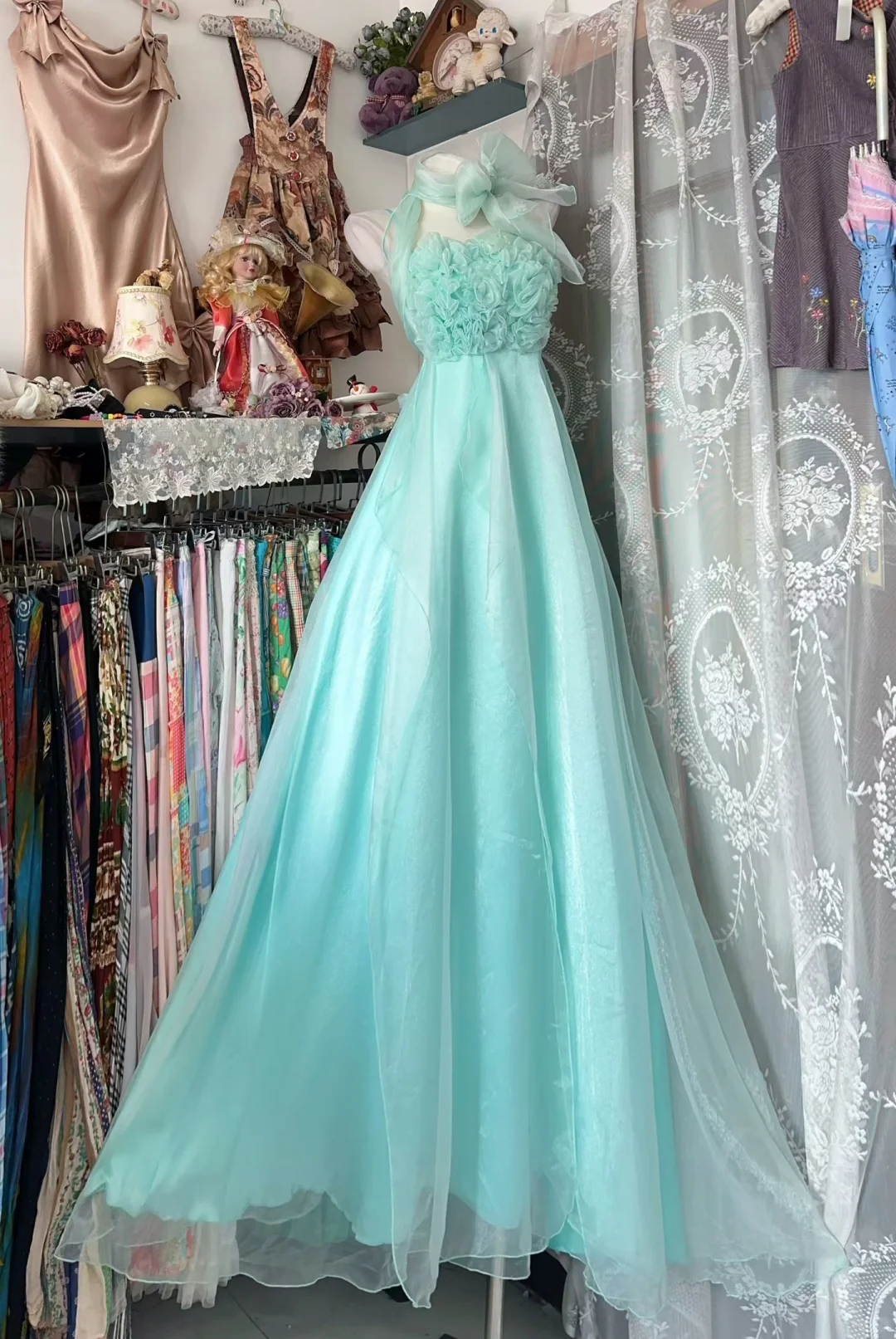 Vintage Iceberg Aqua A Line Halter Organza Satin Prom Dress Evening Dress DP5249