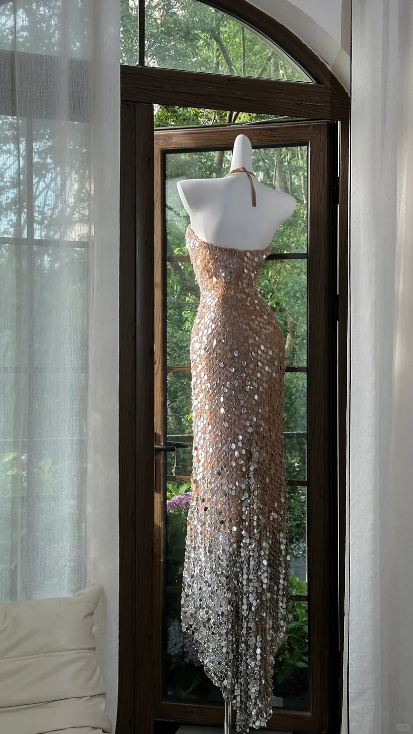 Champagne Shiny Sequin Mermaid Halter Prom Dress Date Dress with Slit DP2908