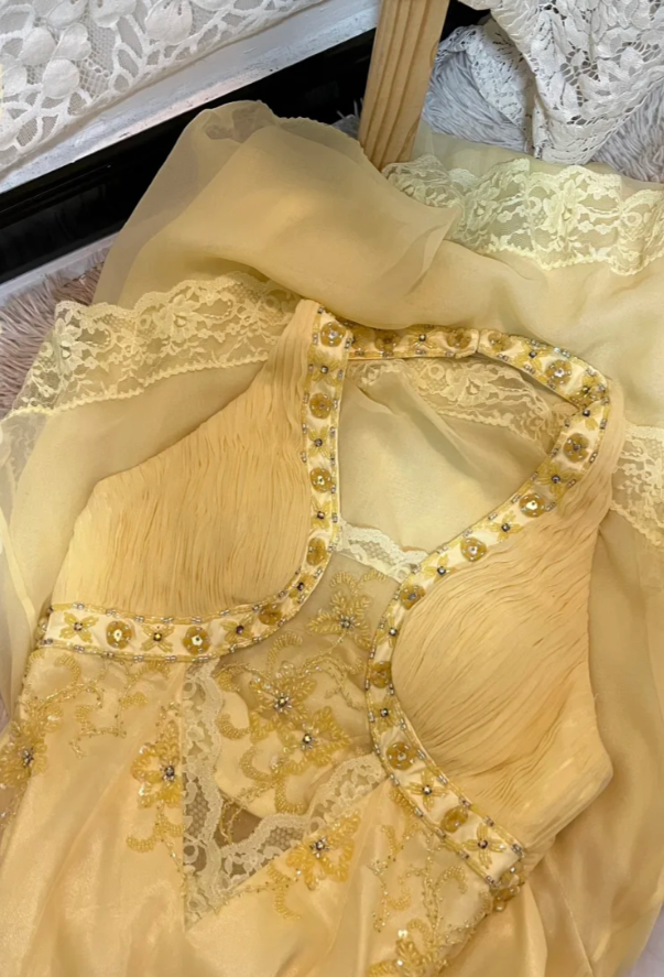 Vintage Mermaid V Neck Beaded Yellow Lace Chiffon Prom Dress Wedding Guest Dress DP4279