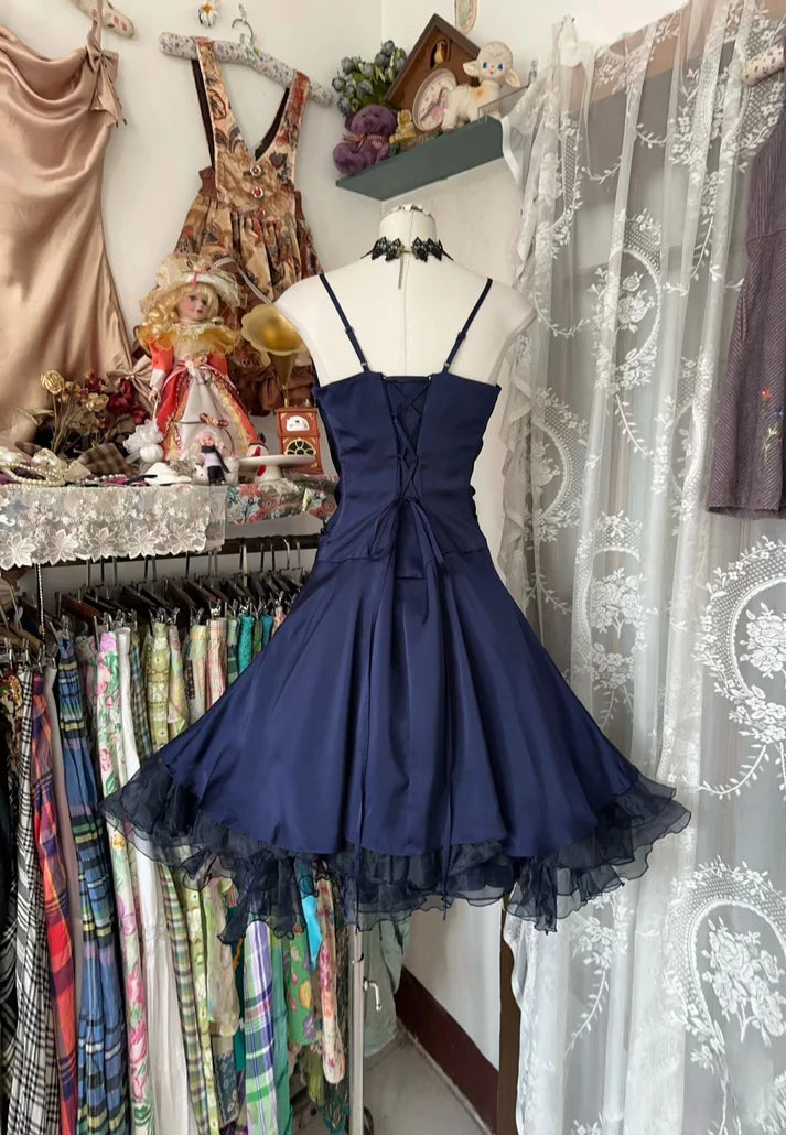 Cute Navy Blue Knee Length Straps Short Party Dress Navy Blue Homecoming Dress DP4007