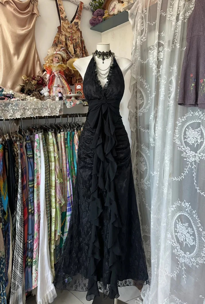 Vintage Mermaid Halter Sleeveless Long Black Lace Evening Dress Prom Dresses DP3248