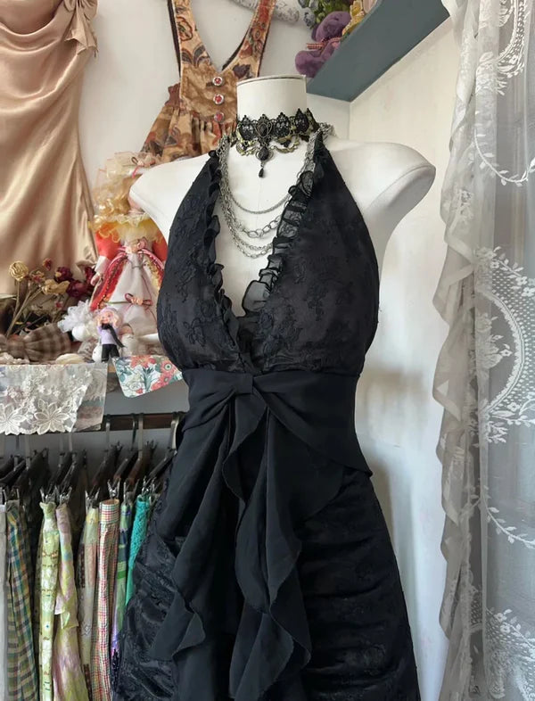 Vintage A Line V Neck Black Lace Long Prom Dress Evening Dress DP4738