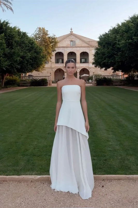 Classy A Line Strapless White Chiffon Satin Long Evening Dress Prom Dresses DP2372