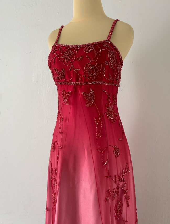 Elegant A Line Spaghetti Strap Beaded Red Ombre Tulle Satin Prom Dress Evening Dress DP2234