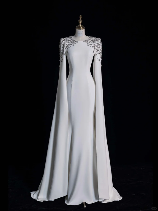 Elegant Mermaid Round Long Sleeve Beaded White Satin Party Dress Evening Dress DP2286