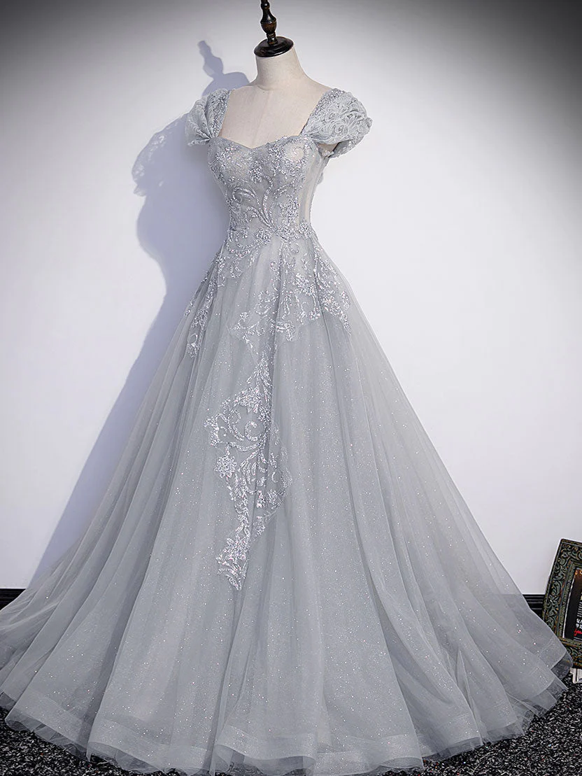 Gorgeous Silver Gray Tulle Prom Dress Long Evening Dress DP078