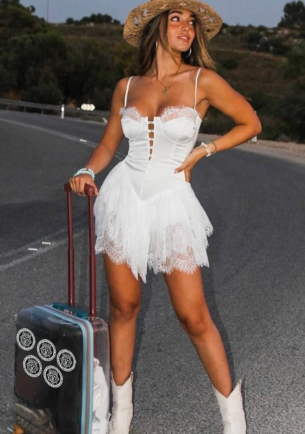 Cute White A Line Spaghetti Strap Lace Satin Mini Homecoming Dress Cocktail Dress DP2978