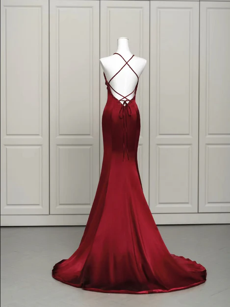 Burgundy Satin Mermaid Beaded Low Back Prom Dress Evening Dress DP380