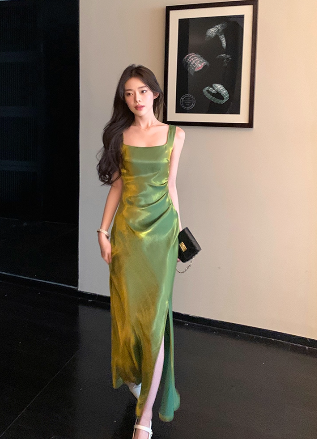 Stunning Green Mermaid Straps Pleated Satin Prom Dress Formal Dress Evening Dress DP3453