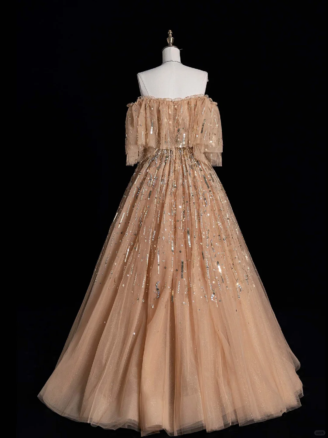 Elegant A Line Off the Shoulder Sequin Champagne Tulle Long Prom Dress Graduation Prom Dress DP2012