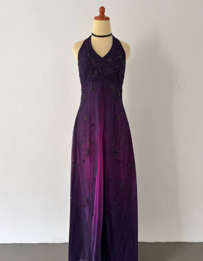 Charming A Line Halter Beaded Flower Purple Tulle Satin Prom Dress Evening Dress DP2233
