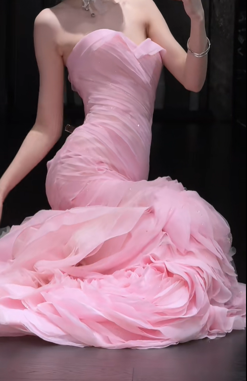 Gentle Mermaid Sweetheart Neck Layered Pink Tulle Long Party Dress Evening Dress DP2416