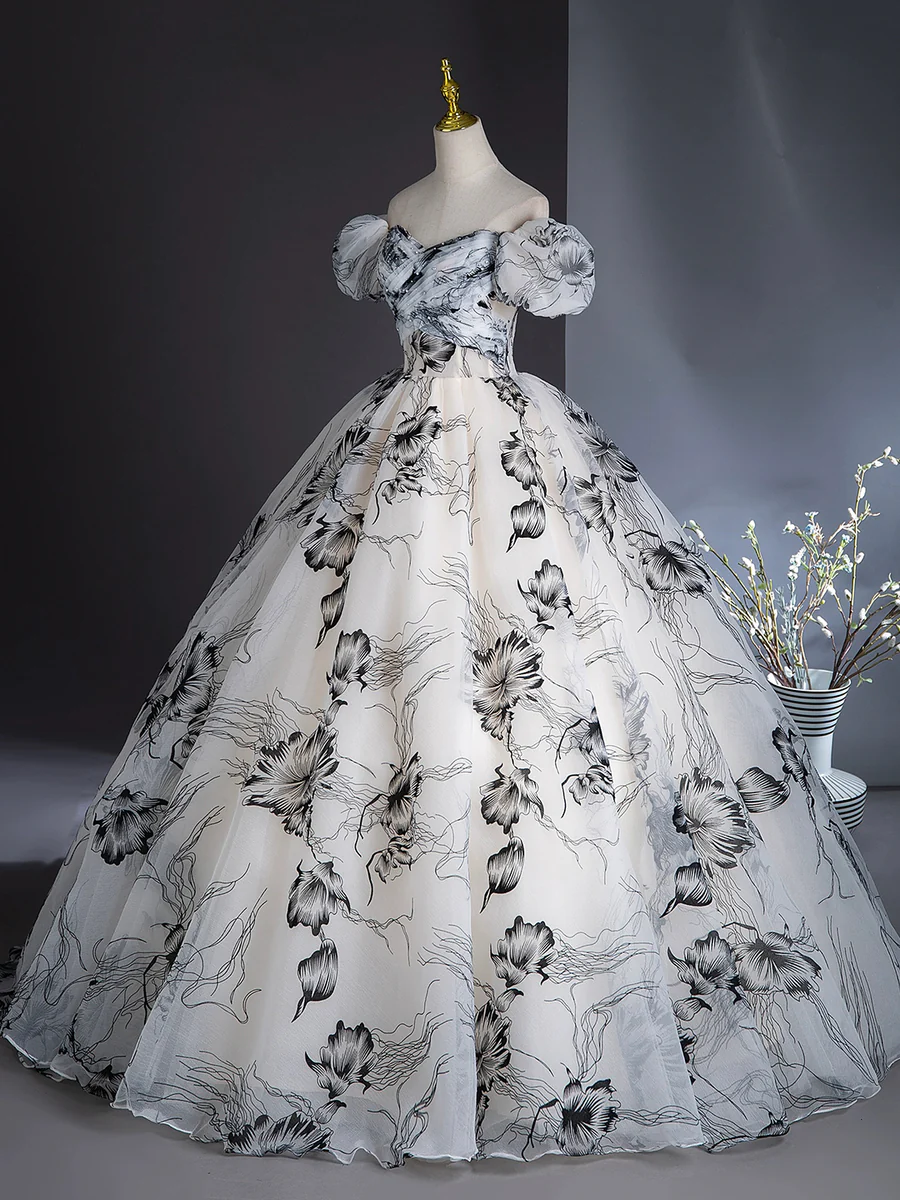 Elegant Printing Floor Length Prom Dress Off the Shoulder Puffy Short Sleeves Ball Gown DP310