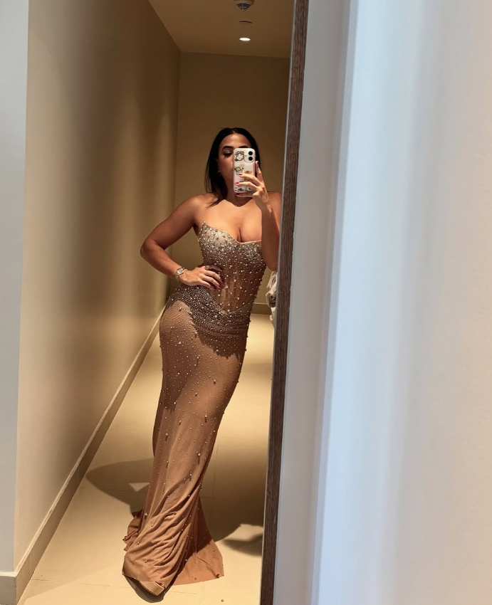 Sexy Champagne Mermaid Strapless Rhinestone Satin Prom Dress Evening Dress DP4402