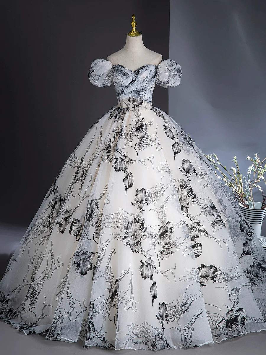 Elegant Printing Floor Length Prom Dress Off the Shoulder Puffy Short Sleeves Ball Gown DP310