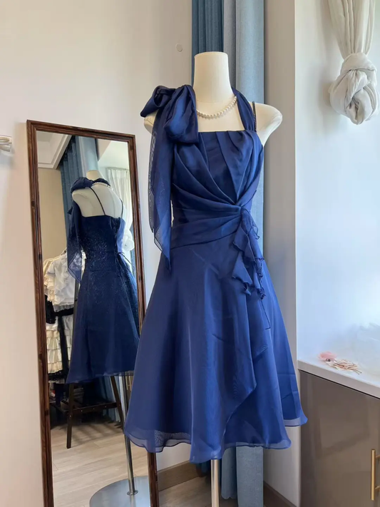 Vintage A Line Halter Blue Chiffon Short Open Back Homecoming Dress Cocktail Dress DP2490