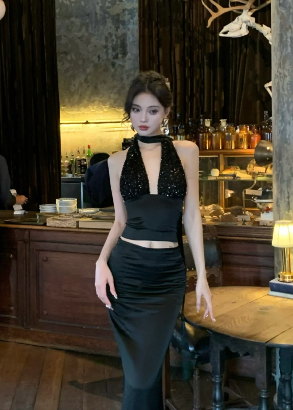 Black Sexy Two Piece Halter Sequin Satin Long Prom Dress Evening Dress Party Dress DP3136