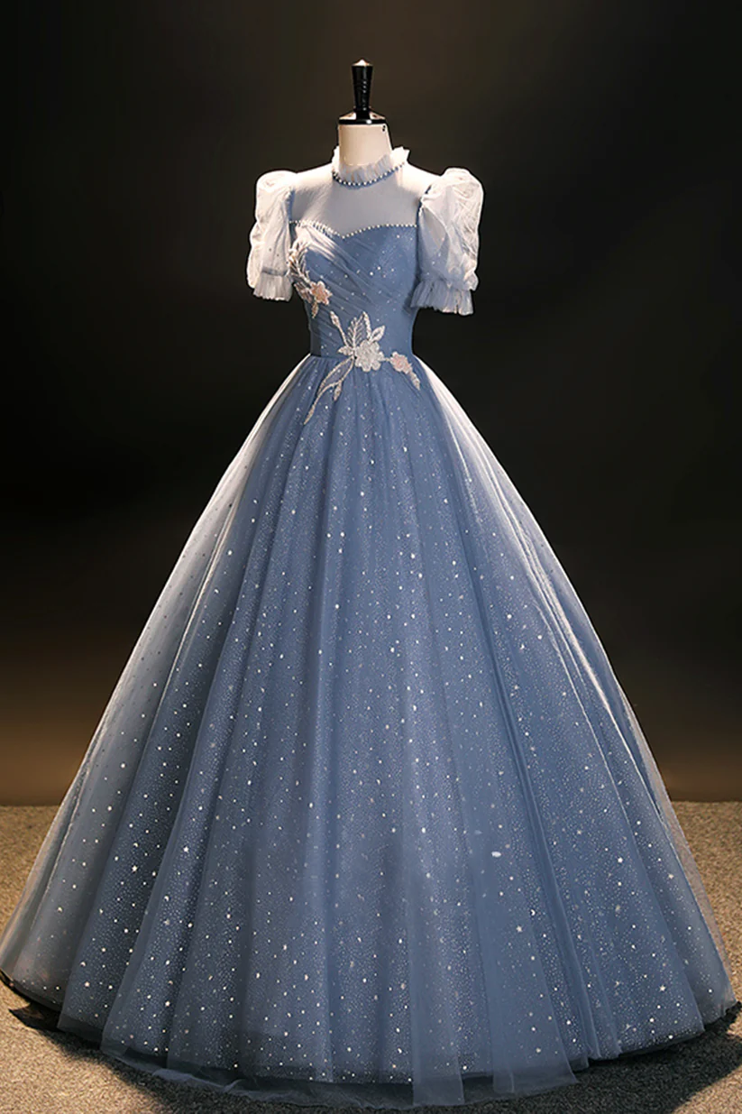 Elegant Blue Tulle Floor Length Prom Dress Formal Evening Dress DP492